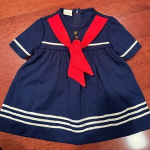 Vintage Baby Girls 12 month Sailor Nautical Blue Red White Dress